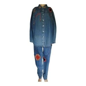 Zana-Di Vintage Patch Jeans Button Up Shirt Denim Set 2 Piece 13/14 Blue NWT